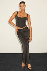 Morwenna Black Satin Lace-Up Two-Piece Maxi Dress
