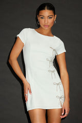 Endearing Sparkle White Rhinestone Bow Mini Dress