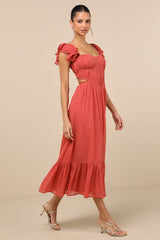 Mio Rusty Rose Pleated Tie-Back Midi Dress