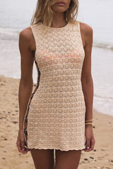 Maleko Beige Crochet O-Ring Mini Swim Cover-Up Dress