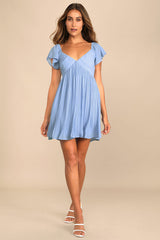 Amalfi Coast Light Blue Pleated Flutter Sleeve Mini Dress