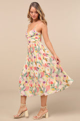 Aleyna Yellow Abstract Pleated Lace-Up Bustier Midi Dress