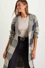Cuddle Club Beige and Black Plaid Long Sleeve Coatigan