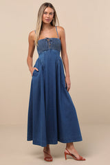 Laylie Medium Wash Denim Lace-Up Midi Dress