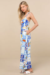 Bold Extravagance Blue Multi Print Sleeveless Wide-Leg Jumpsuit