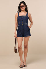 Thema Dark Wash Denim Button-Front Romper