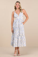 Brightly Blossoming Light Blue Floral Tiered Midi Dress