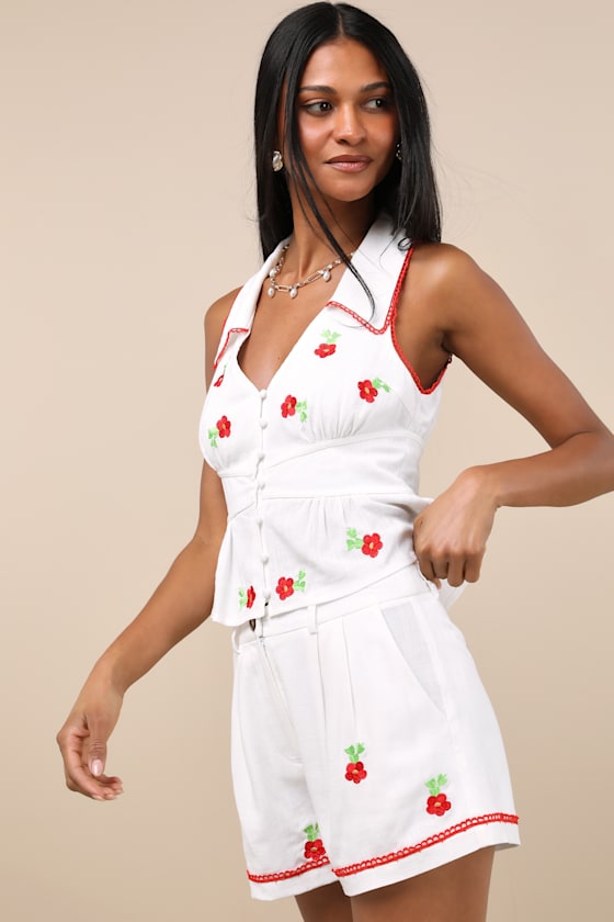 Ayah White Embroidered High-Rise Shorts