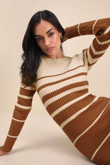 Seasonal Status Ivory and Brown Striped Midi Sweater Dress