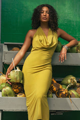 Venus Chartreuse Mesh Backless Midi Dress