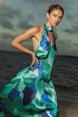 Prime Poise Green and Blue Abstract Satin Halter Maxi Dress