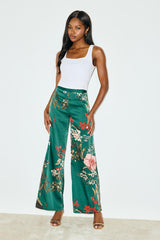 Thriving Vibes Green Floral Print Satin Wide-Leg Pants