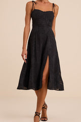 Loveliest Looks Black Floral Jacquard Tie-Strap Midi Dress