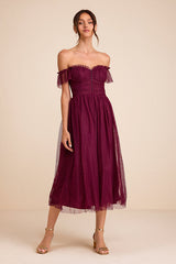 Regal Radiance Burgundy Tulle Bustier Midi Dress