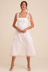 Effortlessly Sweet White Tulle 3D Floral Tie-Strap Midi Dress