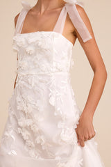 Effortlessly Sweet White Tulle 3D Floral Tie-Strap Midi Dress