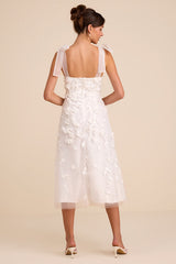 Effortlessly Sweet White Tulle 3D Floral Tie-Strap Midi Dress