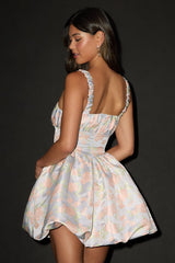 Sweet Charm Light Blue Jacquard Bubble-Hem Mini Dress