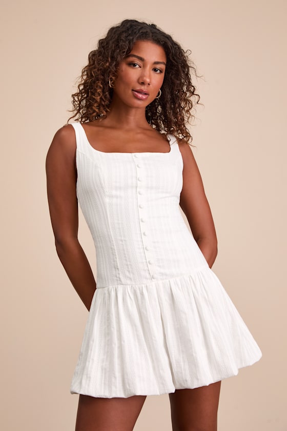 Khamari White Textured Drop Waist Bubble-Hem Mini Dress