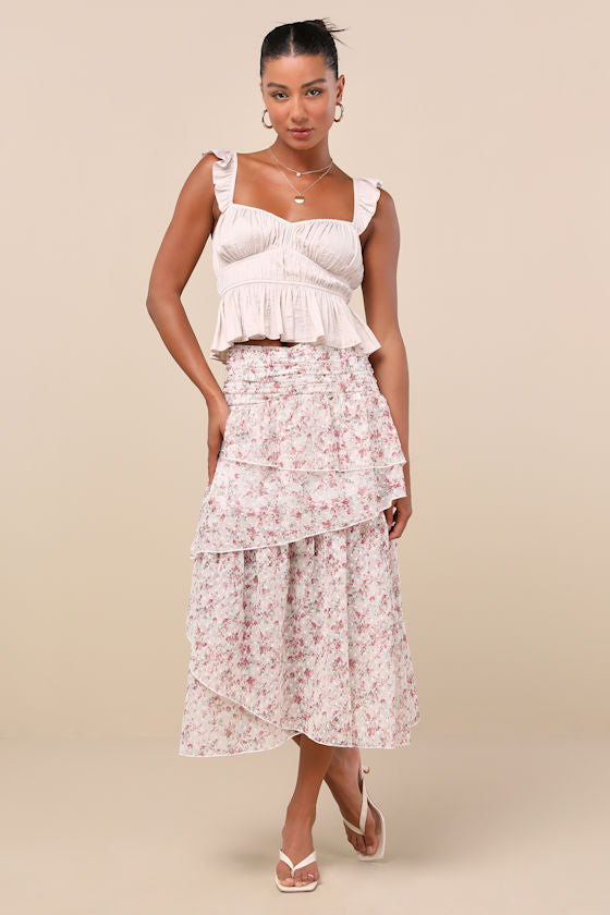 Rosen White Multi Floral Tiered Midi Skirt