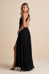 Rylie Black Pleated Backless Maxi Dress
