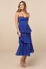 Seriously Sensational Cobalt Blue Strapless Tiered Midi Dress