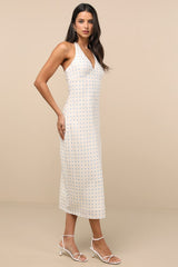 Meara Ivory and Blue Polka Dot Halter Midi Dress