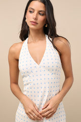Meara Ivory and Blue Polka Dot Halter Midi Dress