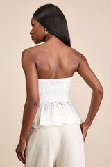 Ahura White Eyelet Embroidered Peplum Strapless Top