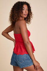 Ahura Red Eyelet Embroidered Peplum Strapless Top