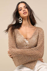 Saray Taupe Loose Crochet Knit Lace-Up Sweater Crop Top