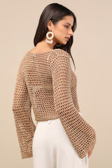Saray Taupe Loose Crochet Knit Lace-Up Sweater Crop Top