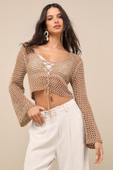 Saray Taupe Loose Crochet Knit Lace-Up Sweater Crop Top