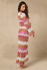 Virelle Pink and Tan Multi Chevron Crochet Maxi Swim Cover-Up