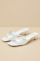 Lilu White Satin Rhinestone Buckle Kitten Heel Sandals