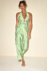 Meris Green and Ivory Zebra Print Tie-Front Halter Top