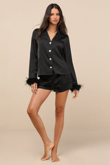 Lindon Black Satin Feather Two-Piece Pajama Set