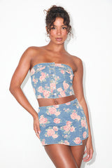 Ophirah Light Wash Floral Denim Strapless Crop Top