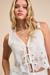 Linnea White Eyelet Embroidered Tie-Front Top
