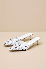 Baleia White Polka Dot Satin Kitten Heel Mule Pumps