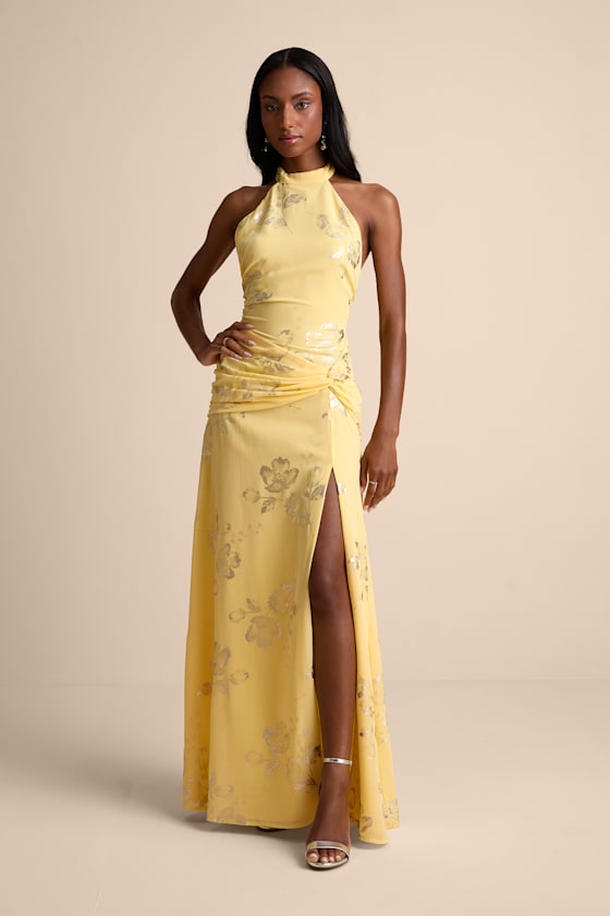 Dayana Yellow Metallic Floral Backless Maxi Dress