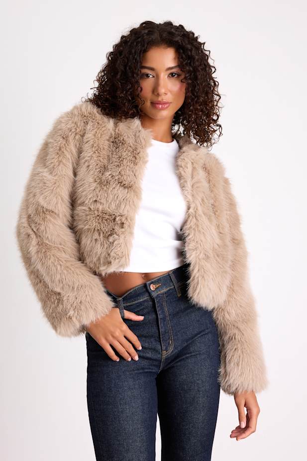 Xylona Taupe Faux Fur Cropped Jacket