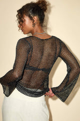 Kahele Shiny Black Sheer Open-Knit Long Sleeve Tunic Top