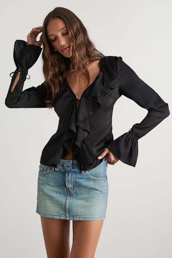 Tanisha Black Satin Ruffled Tie-Front Long Sleeve Top
