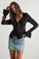 Tanisha Black Satin Ruffled Tie-Front Long Sleeve Top