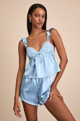 Keona Light Blue Satin Lace Ruffled Two-Piece Pajama Set