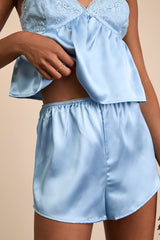 Keona Light Blue Satin Lace Ruffled Two-Piece Pajama Set