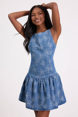 Kodi Medium Wash Floral Denim Drop Waist Mini Dress