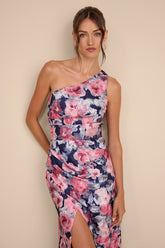 Jemmilah Navy Floral Textured One-Shoulder Midi Dress