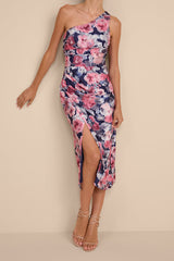 Jemmilah Navy Floral Textured One-Shoulder Midi Dress